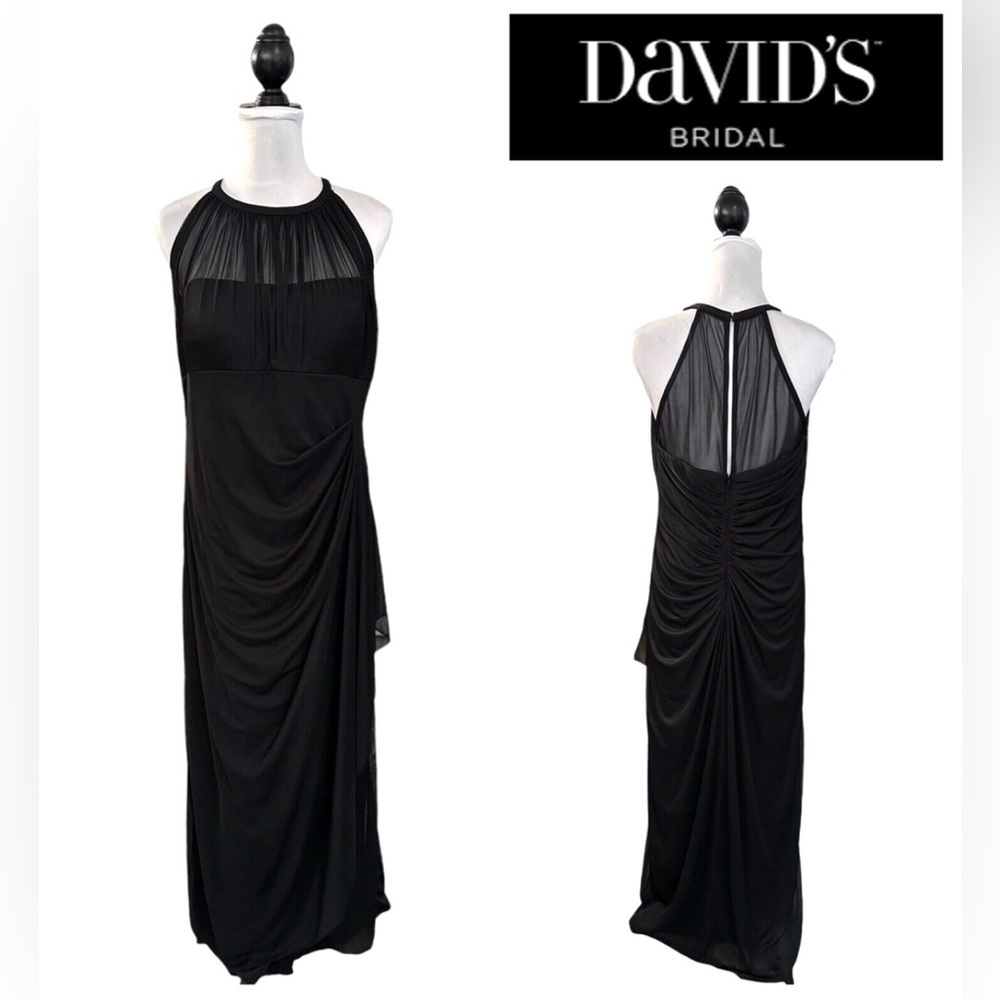 Davids Bridal Chiffon High Neck Maxi Dress Formal Gown Womens 18 Black Gathering